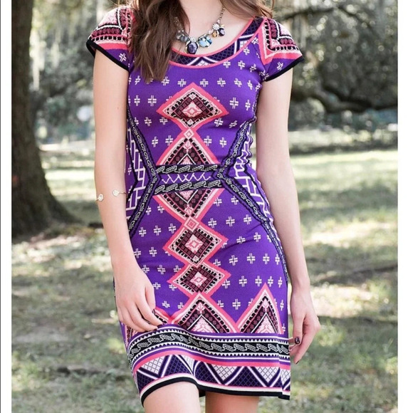 Miami Abstract Tribal Geometric Short Sleeve Dress Purple Small  NWT - Picture 1 of 12